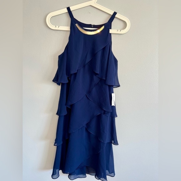 NTW Dressbarn Navy Teared / Ruffled Layered Dress Metal Neckline Size 6 Romantic - Picture 1 of 8